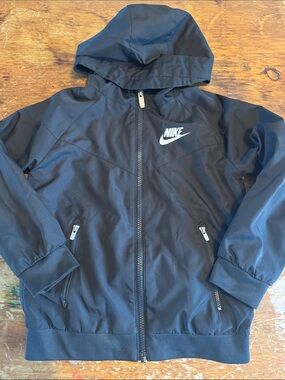 Nike Black Hooded Kids Windbreaker Jacket with White Logo